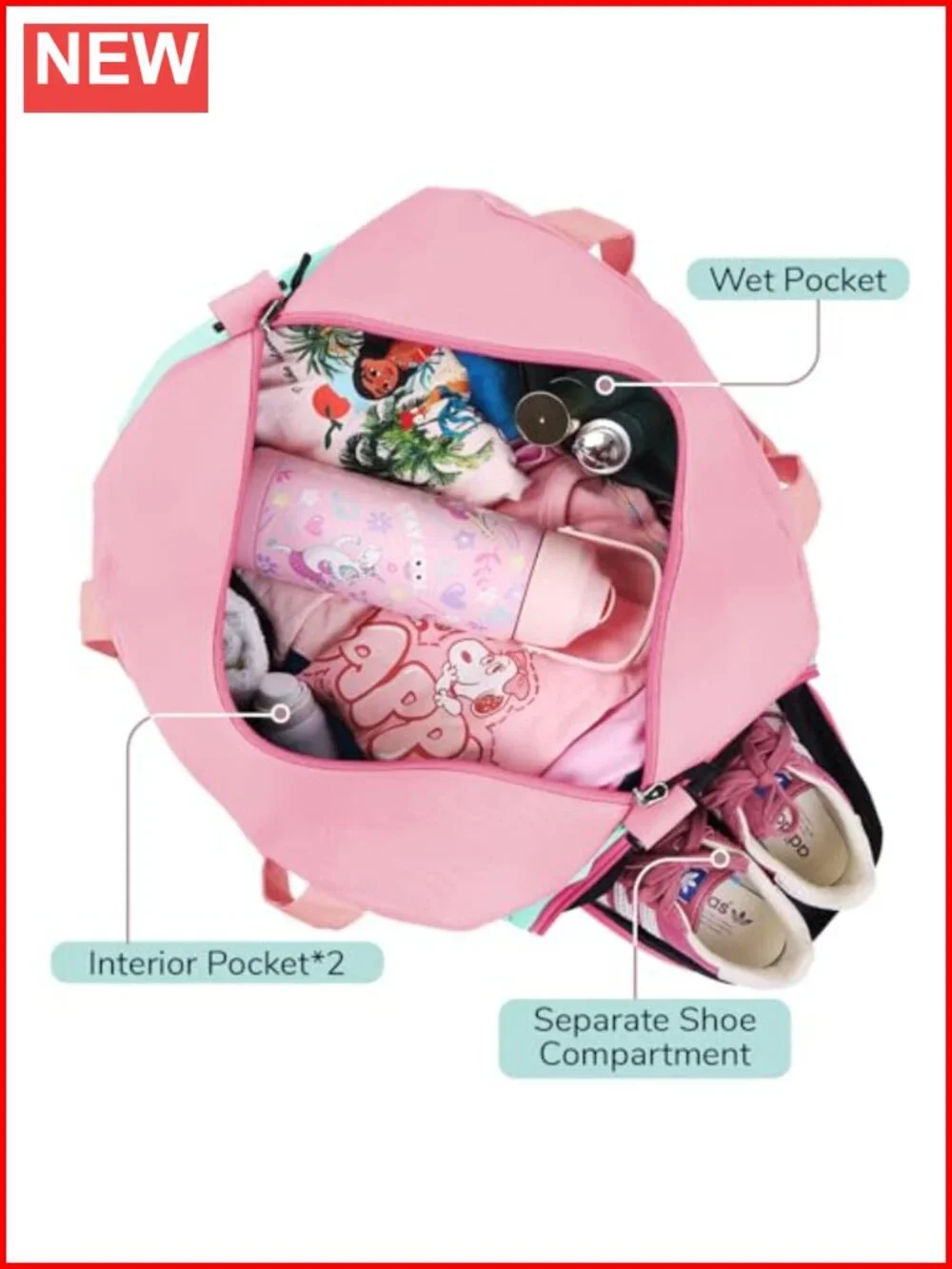 Travel Duffle Bag with Wet Pocket & Shoe Compartment, Trolley Sleeve
